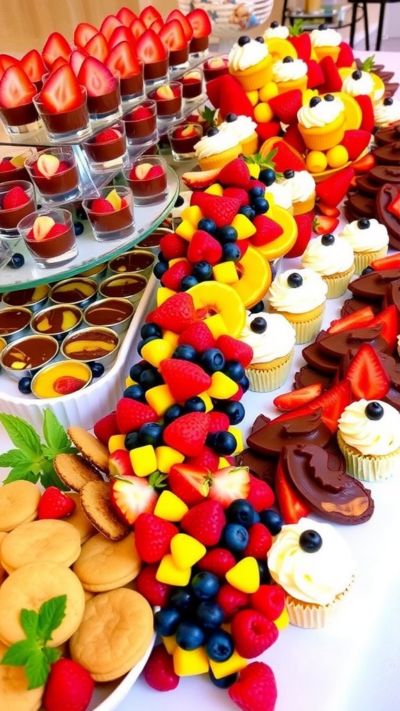 A table decorated with a variety of desserts including mousse cups, fruit tarts, cookies, and cupcakes in an elegant buffet setting.